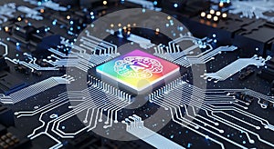 AI Microchip: Rainbow Brain Neural Network, Futuristic Technology Concept