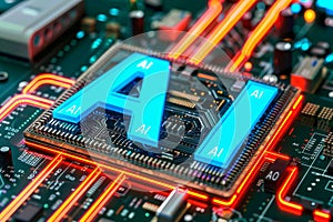 AI microchip on vibrant circuit board, futuristic technology, digital intelligence, glowing electronic design photo