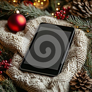 Black Tablet E-reader Resting on Cozy Beige Blanket with Christmas Tree Ornaments