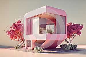 Pink modern tiny house model, ai generated illustration