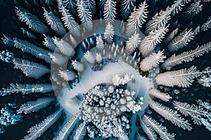 Aerial view to a frozen forest, ai generative photo