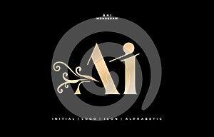 AI monogram with floral ornament, initial letter and graphic name of floral designs with golds colors isolated black backgrounds