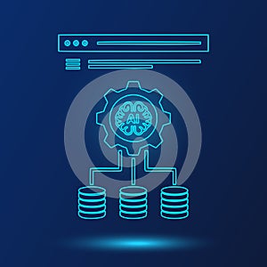 AI Neural Network Connection Database and Website Interface Design on Blue Background