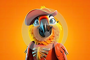 Petfluencers: The Charming Parrot\'s Adventure to Emulate a Musketeer on Orange Background photo