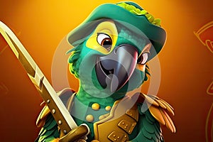 Petfluencers: The Charming Parrot\'s Adventure to Emulate a Musketeer on Orange Background photo