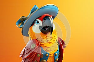 Petfluencers: The Charming Parrot\'s Adventure to Emulate a Musketeer on Orange Background photo