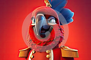 Petfluencers: The Charming Parrot\'s Adventure to Emulate a Musketeer on Red Background photo