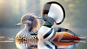 Hooded Merganser Couple Colorful Multi-colored Plumage Swimming Marsh Waterfowl Springtime Morning Sunrise AI Generated photo