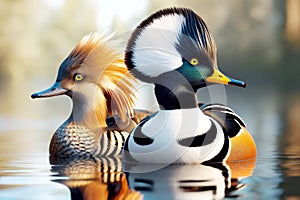 Hooded Merganser Couple Colorful Multi-colored Plumage Swimming Marsh Waterfowl Springtime Morning Sunrise AI Generated photo