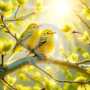 Two Yellow Wilson\'s Warblers Perched Tree Branch Springtime Morning Sunrise Small Birds AI Generated photo