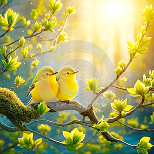 Two Yellow Wilson\'s Warblers Perched Tree Branch Springtime Morning Sunrise Small Birds AI Generated photo