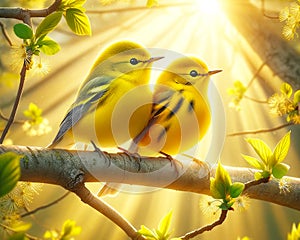 Bright Yellow Wilson\'s Warblers Perched Tree Branch Springtime Morning Sunrise Small Birds AI Generated photo