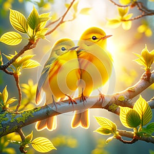 Bright Yellow Wilson\'s Warblers Perched Tree Branch Springtime Morning Sunrise Small Birds AI Generated photo