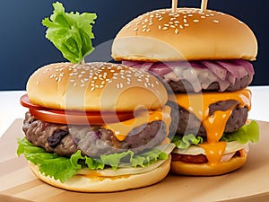 AI photo of two cheeseburgers ready to eat.