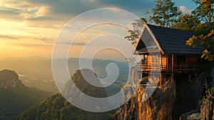 AI photography, beautiful view simple house on the mountain