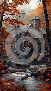 AI photography,water wheel, watermill surrounded by autumn trees, fall forest