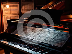 AI piano with music sheet projection above keys