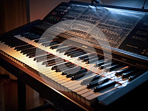 AI piano with music sheet projection above keys