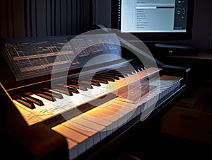 AI piano with music sheet projection above keys