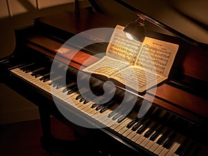 AI piano with music sheet projection above keys