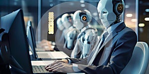 AI-powered business concept with robots and AI algorithms streamlining operations and customer service. Generative AI