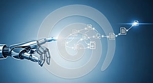 AI-Powered Connection - Robot Hand Interacting with Digital Network