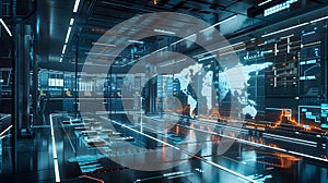 AI-powered financial trading floor with glowing digital.