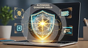 AI Powered Quantum Shield on Laptop Screen for Security