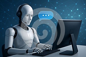 AI-powered robot assisting customers at computer workstation â intelligent virtual support and digital communication network