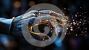 AI-powered robotic hand with neural network visualization for deep learning and automation technology