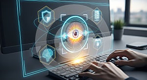 AI-Powered Security System - Eye Icon on Computer Screen with User Typing