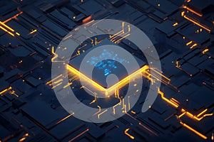 AI processor chip centered with glowing electric circuits on a dark, high-tech background