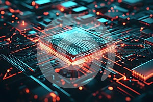 AI processor chip centered with glowing electric circuits on a dark, high-tech background