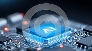 AI processor chip on a circuit board representing machine learning hardware and advanced computing power.