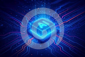 AI Processor Chip Emitting Blue Light and Data Particles on a Circuit Board Background artificial intelligence