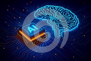 AI Processor Chip and Glowing Blue Brain Circuit Board on Dark Background artificial intelligence microchip