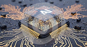 AI Processor Chip Golden Electronic Circuitry and Neural Network Conceptual Visualization of Artificial Intelligence