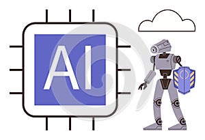 AI Processor Chip and Robot with Shield Representing Artificial Intelligence and Technology