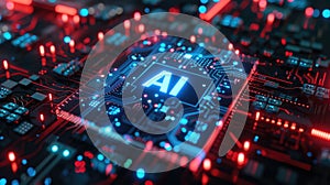 AI processor on circuit board, microchip of artificial intelligence on pcb. Theme of chip, computer technology, cpu, data, light,