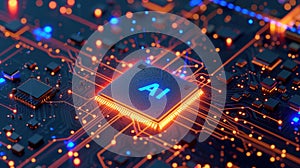 AI processor on circuit board, microchip of artificial intelligence on pcb. Theme of chip, computer technology, cpu, energy, data