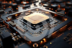 AI processor in focus, revealing intricate details and advanced technology