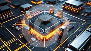 AI Processor on Glowing Circuit Board with Luminous Pathways