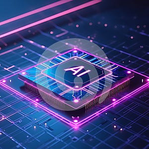 AI processor with glowing neon pink and blue circuits on a digital background microchip
