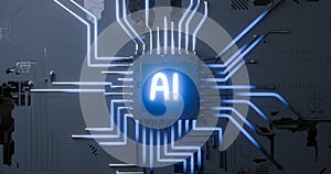 AI processor on the mainboard of an electronic component. Concept of devices utilizing artificial intelligence module.