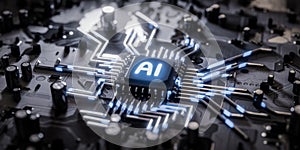 AI processor on the mainboard of an electronic component. Concept of devices utilizing artificial intelligence module. 3d render
