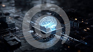 AI Processor Unit with Holographic AI Brain and Neural Processing Architecture in Futuristic Microchip Design.