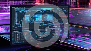AI programming interface with code and algorithm graphics on the screen