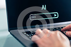AI prompt chat bot. Search website to generate data, text or image. Man using computer with artificial intelligence app.