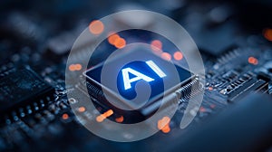 AI processor chip on circuit board representing machine learning computing power and advanced hardware.