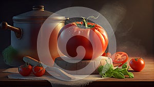 AI recreation artistic of red tomate with a crown as King Tomate photo